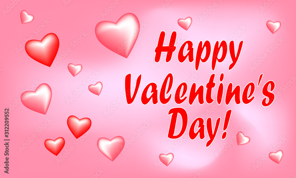 Valentine's Day greeting card, pink and red hearts and congratulation.  
