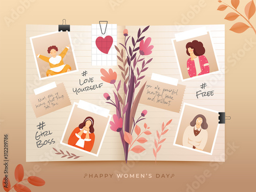 Whole lifetime diary with old memories picture of woman on the occasion of Happy Women's Day.