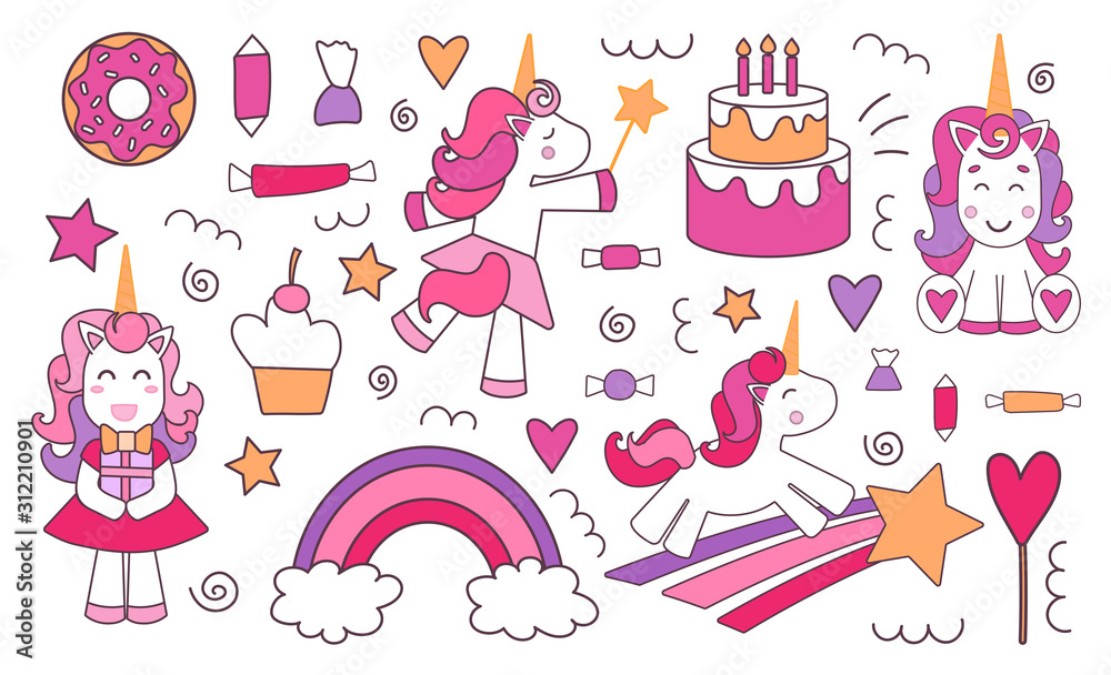 Set of Cute Cartoon Unicorns isolated on a white background Set of Cute Cartoon Unicorns isolated on a white background