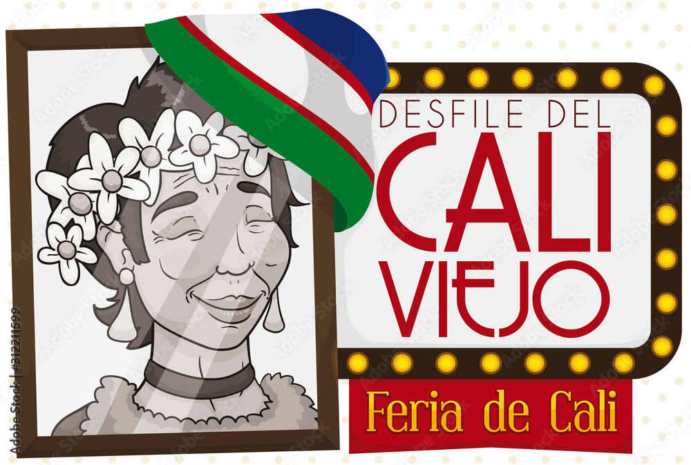 Portrait of Jovita and Cinema Sign Promoting Cali Viejo Event, Vector Illustration