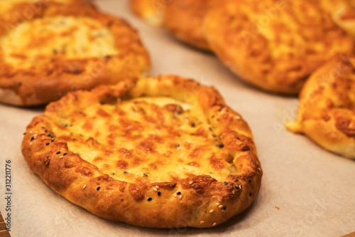 Street food at the hachapuri fair with cheese