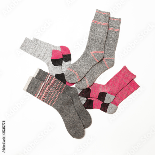 Set of colorful women's socks, isolate on a white background/ Flat lay/ Top view