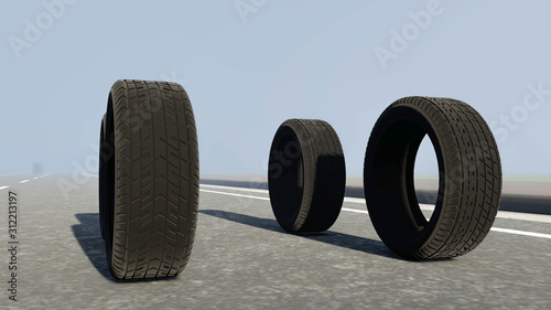 Wheels on Road, Wheel Advertisement Concept, 3D Rendering