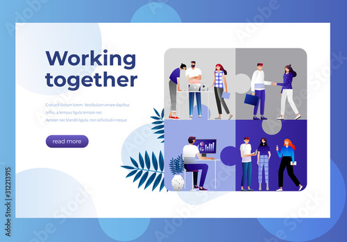 Team metaphor. Business concept. people connecting puzzle elements. Vector illustration flat design style. Symbol of teamwork, cooperation, partnership. Landing page template