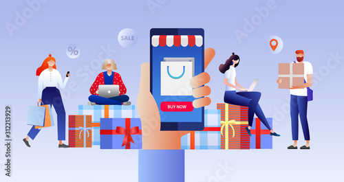 Online shopping. Discount sale concept with characters. Black Friday, seasonal offers, holiday shopping. Can use for web banner, infographics, hero images. Vector illustration