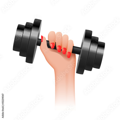 Beautiful hand of a strong woman holds a dumbbell. The concept a Girl power. Vector illustration.
