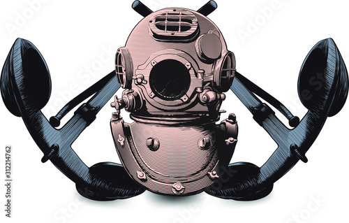 copper classic heavy diving helmet and two crossed old admiralty anchors