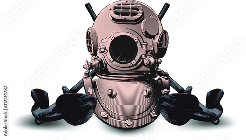 copper classic heavy diving helmet and two crossed old admiralty anchors