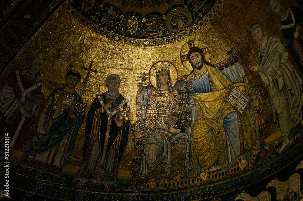 Gold mosaic inside a church in Rome, Italy