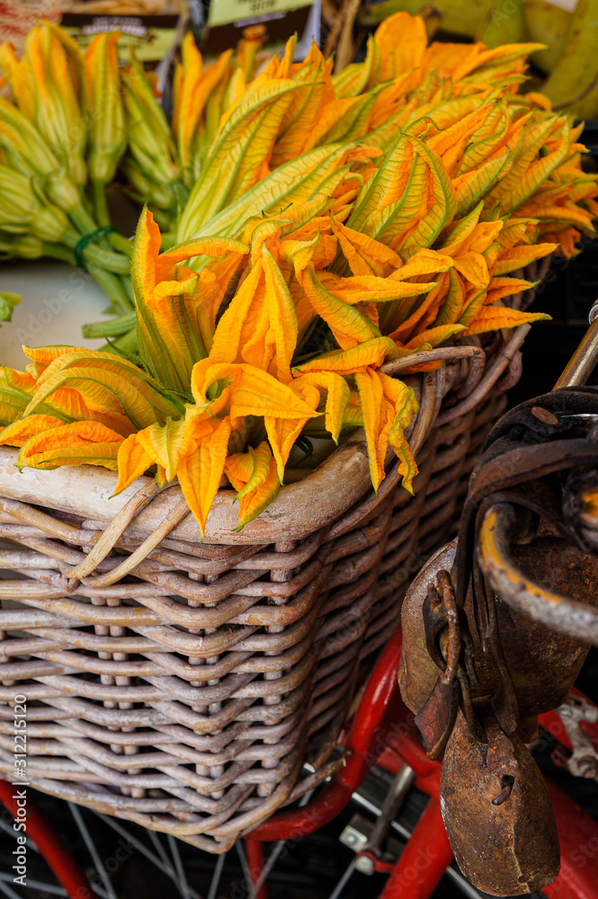 Zucchini flowers in a basket