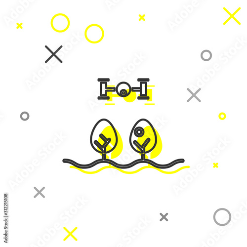 Grey line Smart farm with drone control and tree icon isolated on white background. Innovation technology for agricultural company. Vector Illustration