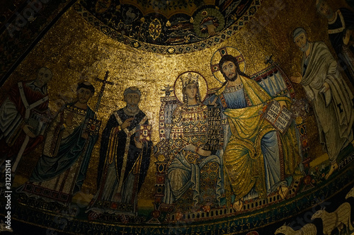 Gold mosaic inside a church in Rome, Italy