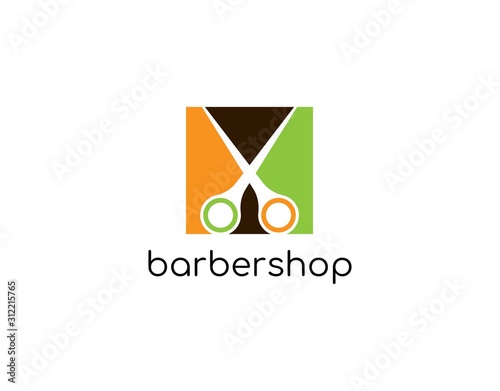 Simple and Lovely Logo of Barber Shop with Modern Concept. Design with Negative Space of Scissor on Square Flat. Suitable for Haircut Shop Symbol. Vector Illustration.