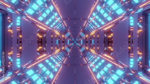 futuristic science-fiction hangar tunnel with endless glowing lights 3d rendering design background wallpaper