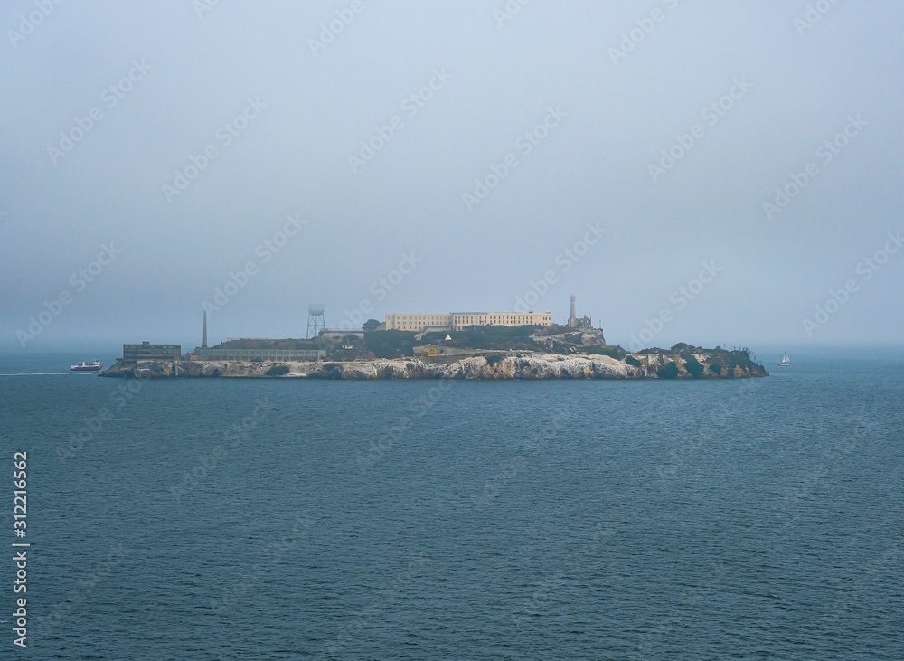 Alcatraz Through the Fog and Mist in San Francisco Bay
