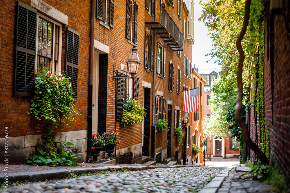 Acorn street around Beacon hill , one of the beautiful street in Boston  , Massachusetts