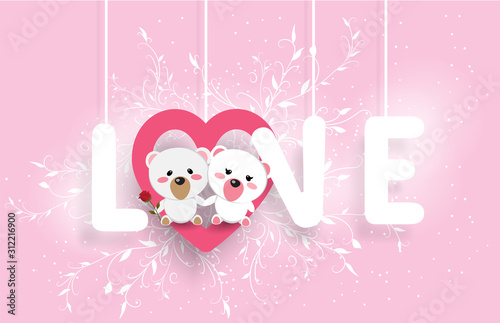 Bear lovers hold hands in a pink heart shaped swing that reads Love  valentine s day wedding