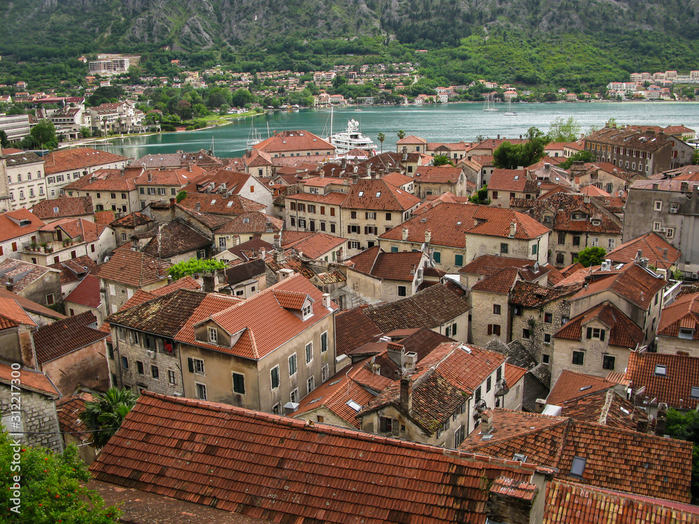 view of Kotor old town area from the path to Castle Of San Giovanni