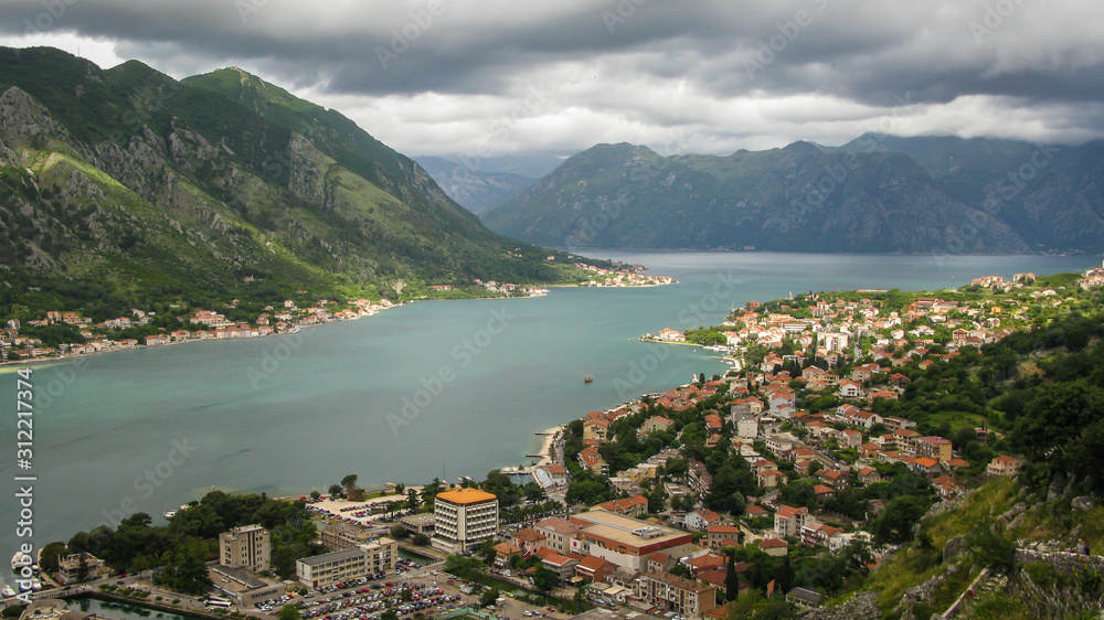 view of bay of  Kotor and Dobrota area of Kotor city from the path to Castle Of San Giovanni