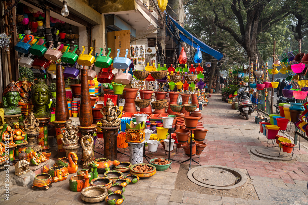 New Delhi, India - Street market filled with all types of pottery, ceramics, planters and home goods in the Saket neighborhood in South Delhi