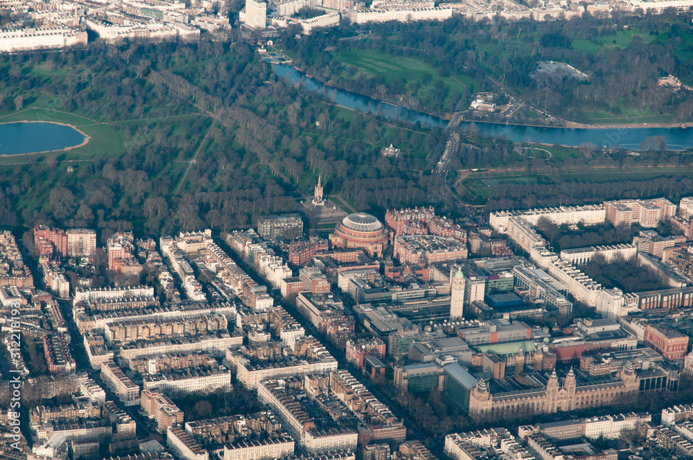 Aerial view of Albert Hall, Albert Memorial, natural History Museum and surrounding buildings in London, UKHyde Park Aerial view of Albert Hall, Albert Memorial, natural History Museum and surrounding buildings in London, UKHyde Park