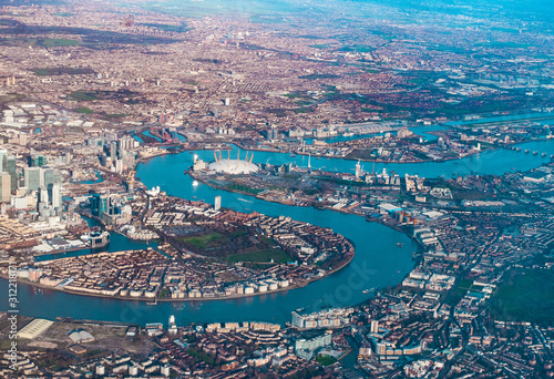 Aerial view of Dockland  O2 Arena  River Thames and East London  UK