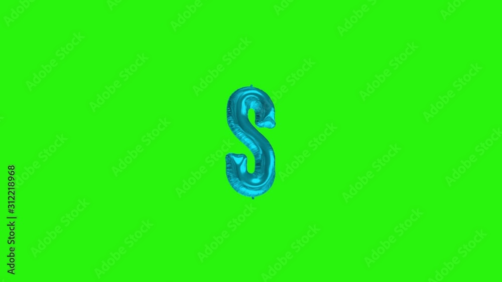 Blue letter S. Blue foil helium balloon alphabet floating on green screen Blue letter S. Blue foil helium balloon alphabet floating on green screen