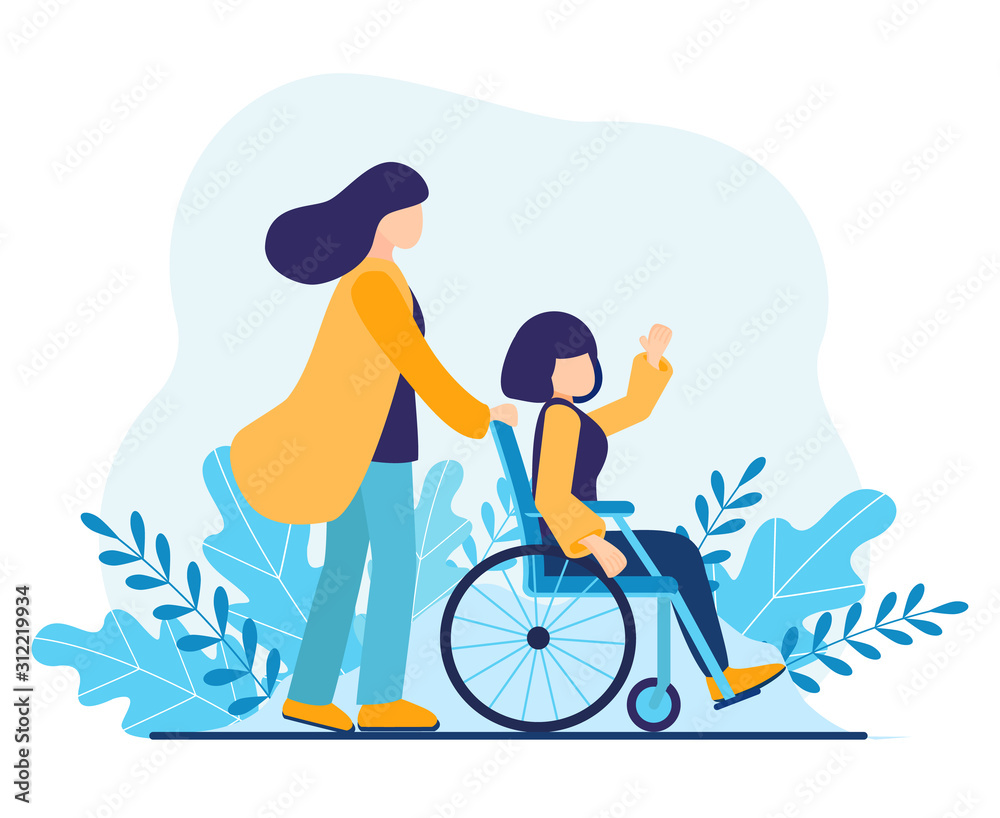 Volunteer helping disabled woman. Sister walking in park with girl disabled in wheelchair. Help disabled people, young social worker care about invalid. International Volunteer Day Vector illustration - obrazy, fototapety, plakaty 