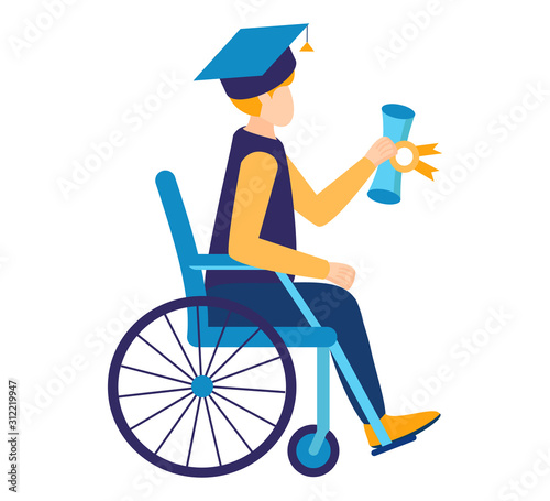 Inclusive affordable education. A graduate of a disabled student in a wheelchair has learned from the program of a school, university. Home, online and full-time study. Vector illustration isolated