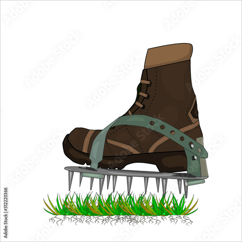 Aerator shoes with metal spikes isolated on white background..Lawn aerator shoes. Lawn spikes shoes. Garden aerating tool. Aerating spikes heavy duty spiked shoes for lawn care aeration green. Vector