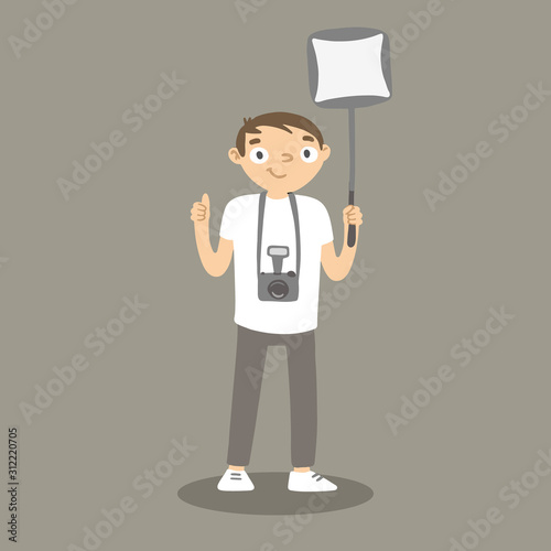 Cartoon photographer with softbox. Vector man with camera and lightbox.