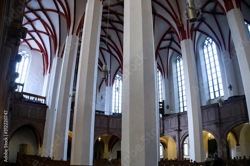 Interior of Lutheran St. Thomas Church Thomaskirche in Leipzig, Germany. November 2019