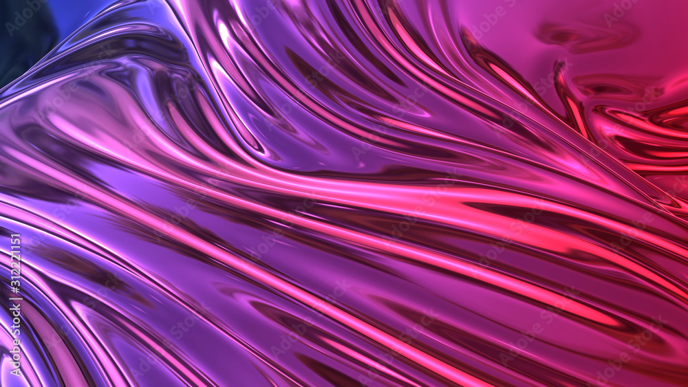 3D render beautiful folds of foil with gradient iridescent blue red color  in full screen, as clean fabric abstract background. Simple soft material  with crease like waves on liquid surface. 67 Stock