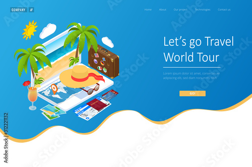 Isometric Tourism and Booking App concept. Travel equipment and luggage on a mobile laptop touch screen. Travel and tourism background.