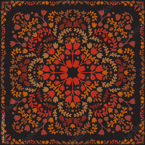 Decorative ornament with round mandala decoration. symmetric pattern . For print Bandanna, shawl, tablecloth, fabric fashion, scarf, design.