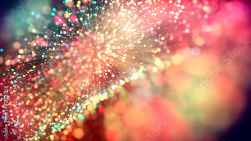 3d abstract beautiful background with light rays colorful glowing particles, depth of field, bokeh. Abstract explosion of multicolored shiny particles or light rays like laser show.