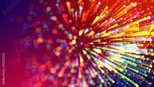 Abstract explosion of multicolored shiny particles like sparkles with light rays like laser show. 3d abstract background with light rays colorful glowing particles, depth of field, bokeh.