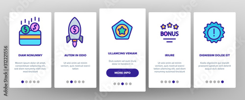 Bonus Loyalty Onboarding Mobile App Page Screen Vector. Dollar Mark On Rocket, Coins And Credit Card, Present Box And Crown Bonus Illustrations