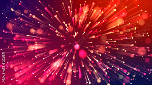 Abstract explosion of multicolored shiny particles like sparkles with light rays like laser show. 3d abstract background with light rays colorful glowing particles, depth of field, bokeh.