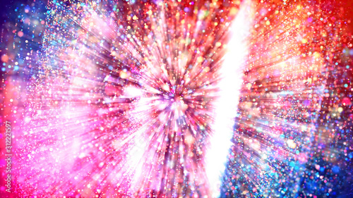 Abstract explosion of multicolored shiny particles like sparkles with light rays like laser show. 3d abstract background with light rays colorful glowing particles, depth of field, bokeh.
