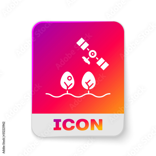 White Smart farm with drone control and tree icon isolated on white background. Innovation technology for agricultural company. Rectangle color button. Vector Illustration
