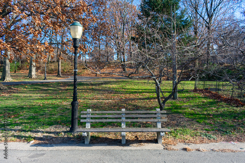Photography Empty Bench at Riverside Park on the Upper West Side of New York City during Aut