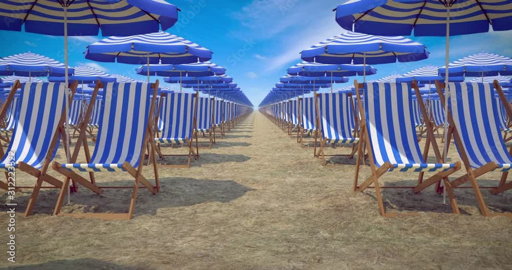 A lot of sun umbrellas and deck chairs at the empty beach in the summer, looping 3D animation