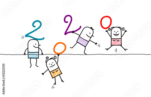 CARTOON HAPPY PEOPLE PLAYING WITH 2020 NUMBERS