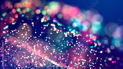 cloud of multicolored particles fly in air slowly or float in liquid like sparkles on dark blue background. Beautiful bokeh light effects with glowing particles. 14