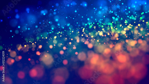 cloud of multicolored particles fly in air slowly or float in liquid like sparkles on dark blue background. Beautiful bokeh light effects with glowing particles. 32