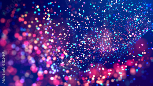 cloud of multicolored particles fly in air slowly or float in liquid like sparkles on dark blue background. Beautiful bokeh light effects with glowing particles. 38