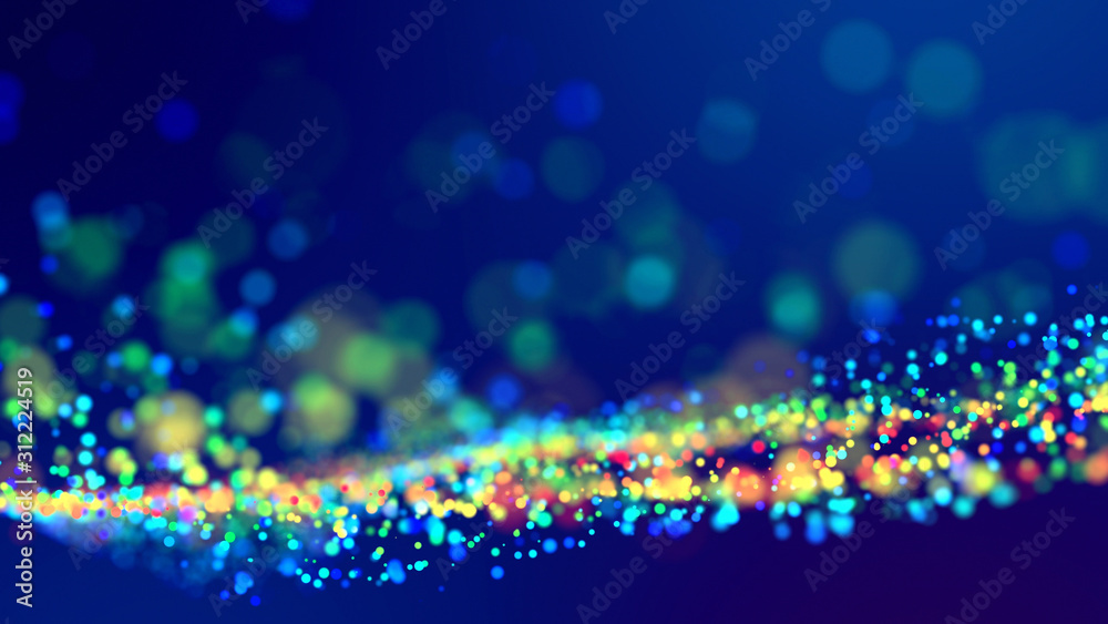 cloud of multicolored particles fly in air slowly or float in liquid like sparkles on dark blue background. Beautiful bokeh light effects with glowing particles. 62
