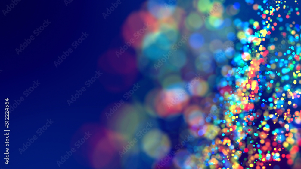 cloud of multicolored particles fly in air slowly or float in liquid like sparkles on dark blue background. Beautiful bokeh light effects with glowing particles. 67