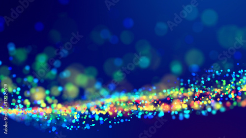 cloud of multicolored particles fly in air slowly or float in liquid like sparkles on dark blue background. Beautiful bokeh light effects with glowing particles. 62